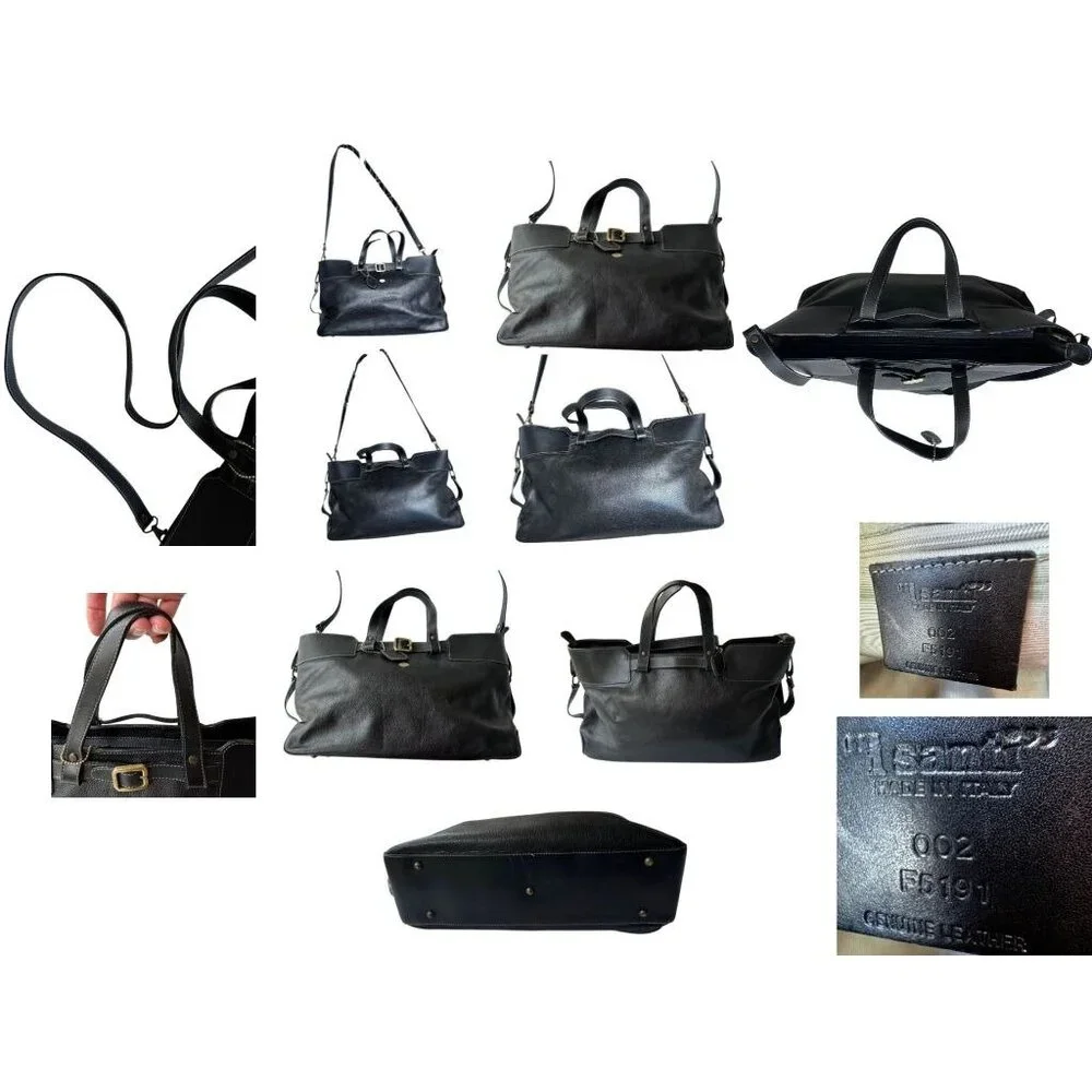 Isanti Leather Crossbody Bag Navy Top Zip Tote Handles Logo Code Italy Travel